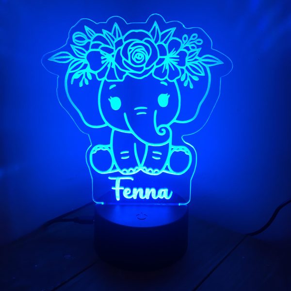 Olifant nachtlampje 3d met bloemen blauw