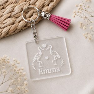 Geboorte sleutelhanger ooievaars met naam
