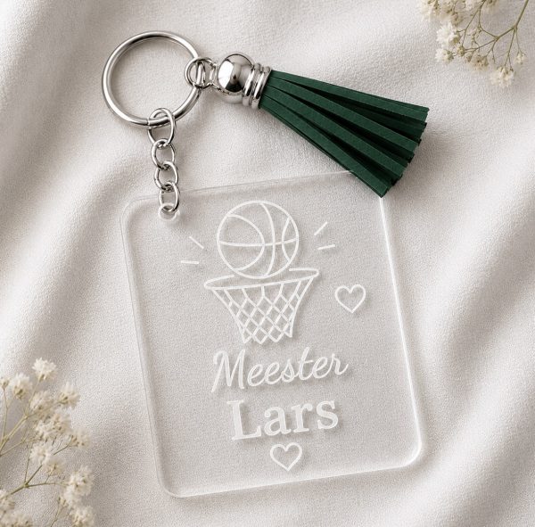 meester sleutelhanger met naam en basketbal